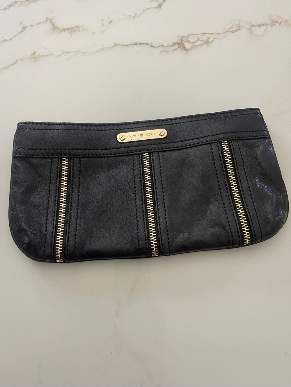 Michael Kors Black Leather Wristlet Clutch with Gold Zipper Accents
